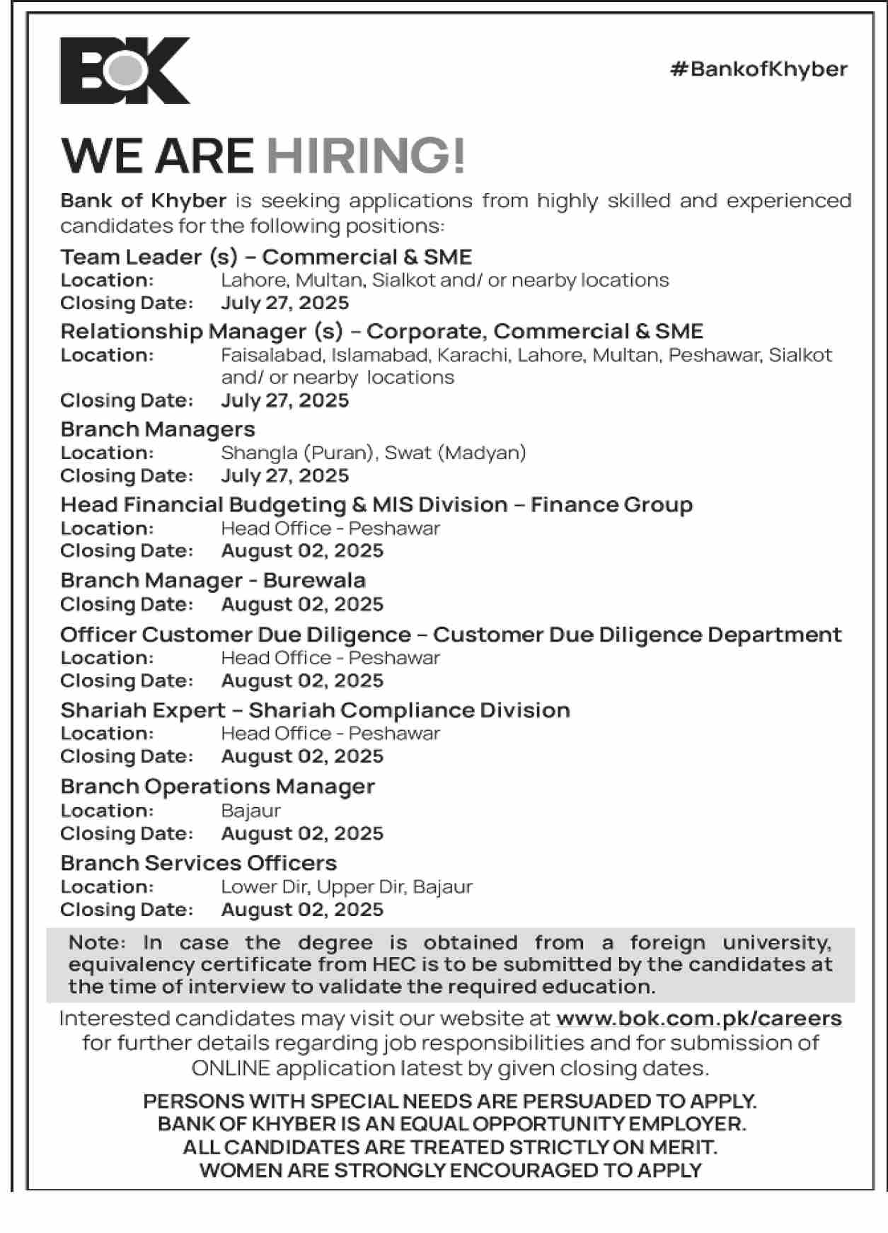 BoK Managers & Team Leaders Vacancies – Bank of Khyber Jobs 07/2025