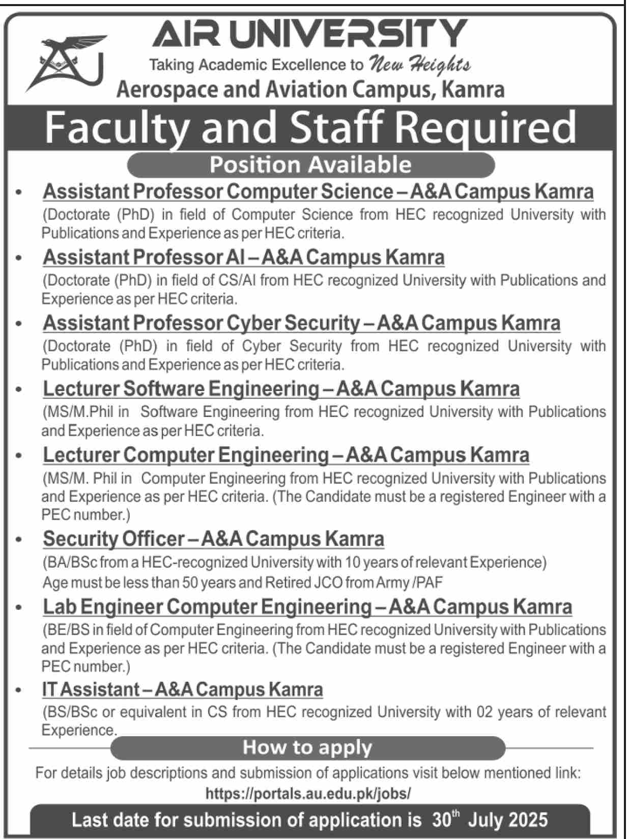 Faculty & Staff Vacancies – Air University Kamra Campus Jobs 07/2025