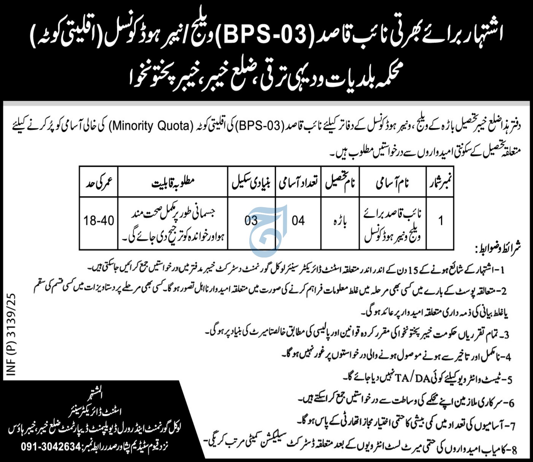 Naib Qasid Minority Quota Vacancy at Village/Neighborhood Councils, Bara Tehsil, District Khyber 07/2025