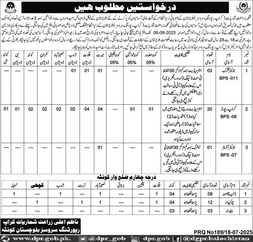 Clerk, Crop Reporter, Auditor & Class-IV Vacancies – Agriculture Crop Reporting Services Balochistan Jobs 07/2025
