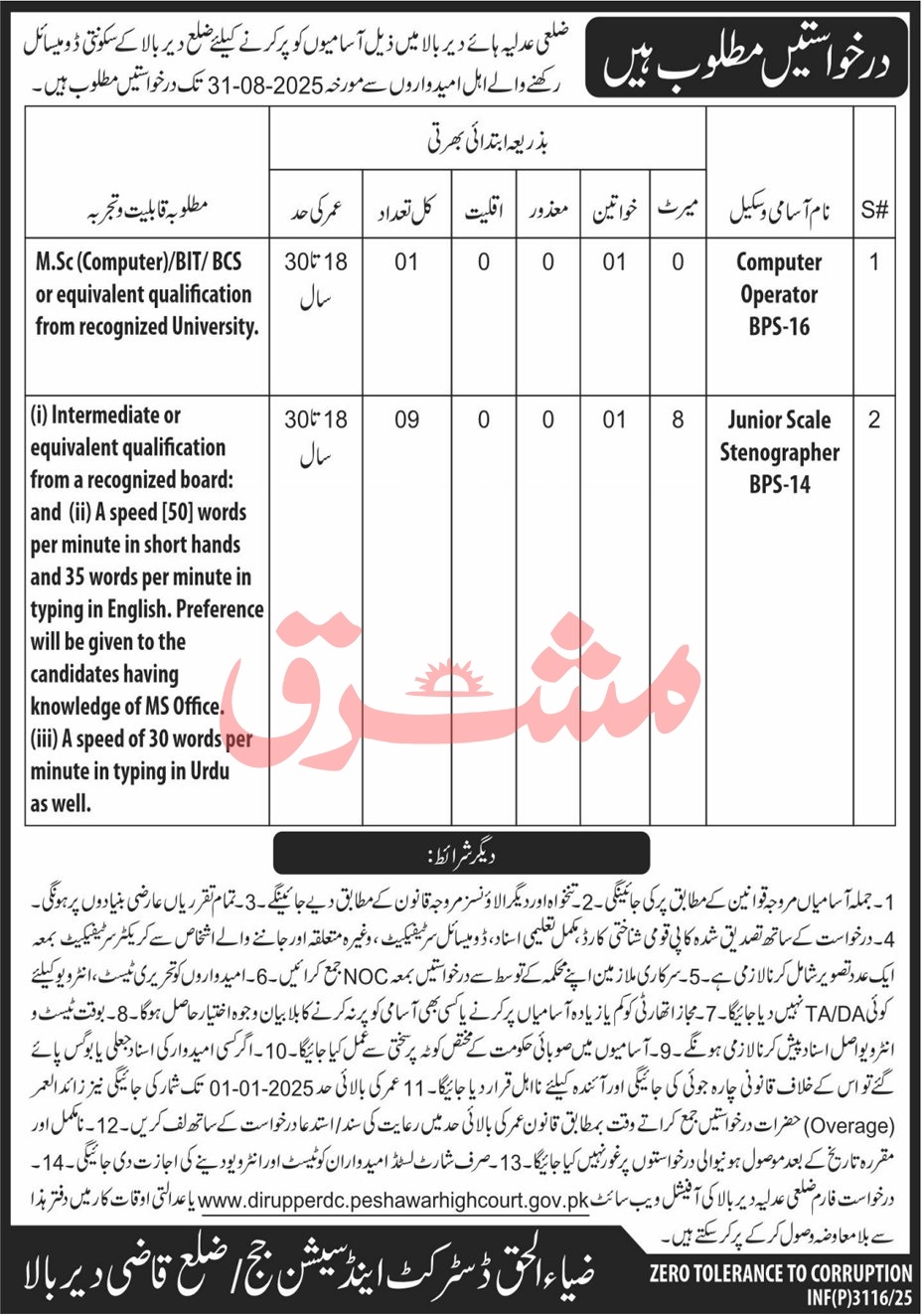 Computer Operator & Stenographer Vacancies – District Judiciary Dir Upper Jobs 07/2025