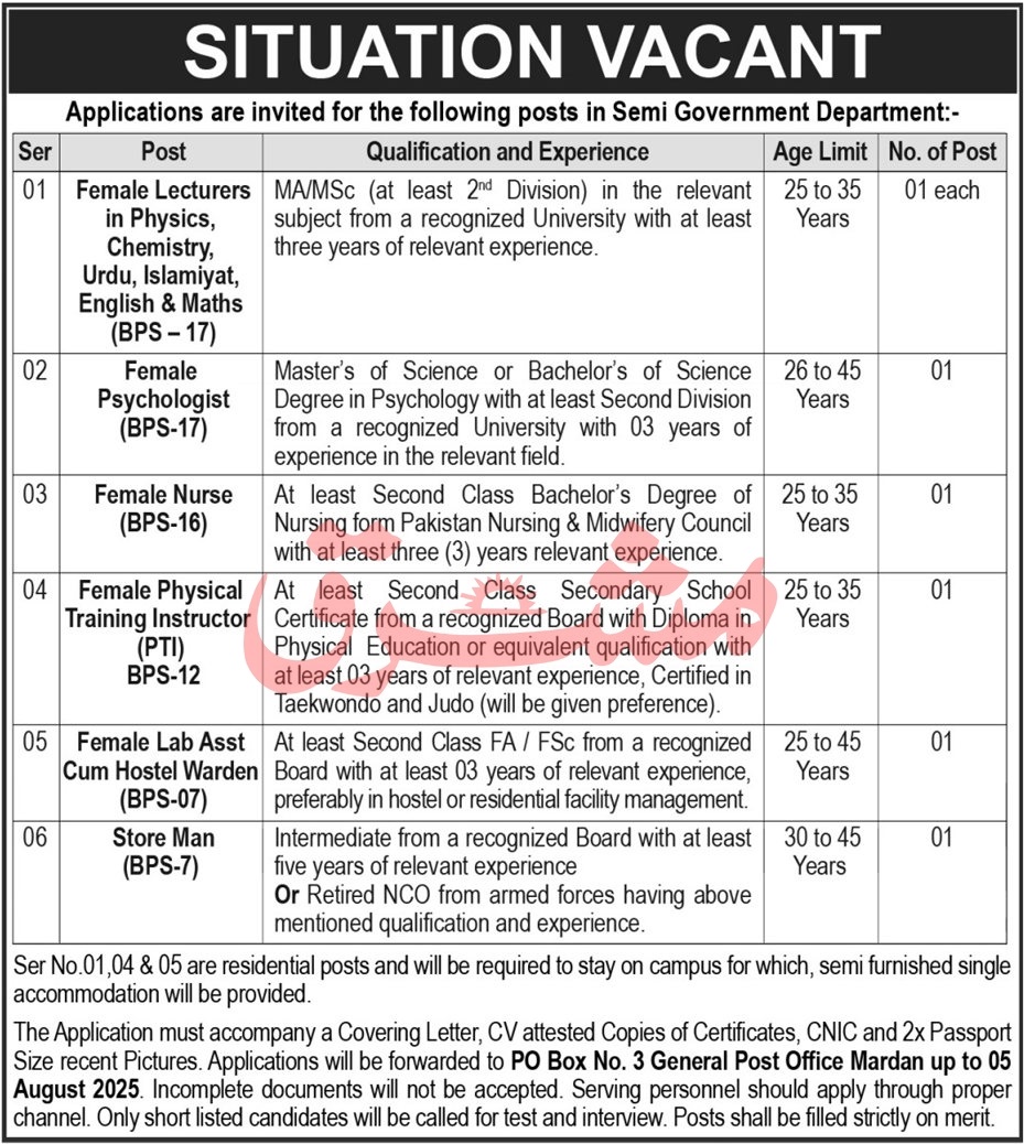 Female Lecturers, Psychologist, Nurse & Support Staff Vacancies – Semi Govt Department Jobs via PO Box 03 Mardan 07/2025