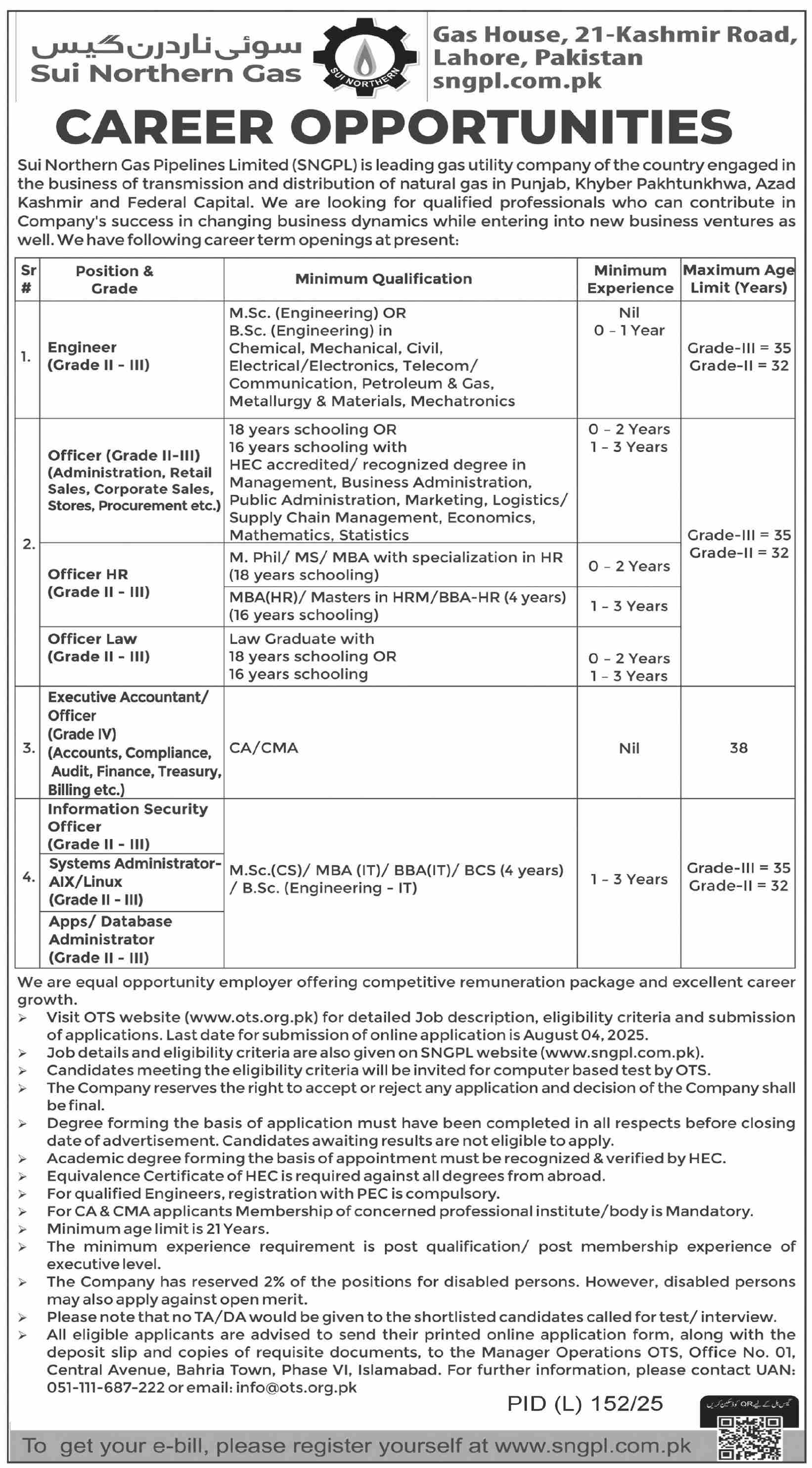 Engineers, HR, Legal, IT & Accounts Officer SNGPL Jobs – Sui Northern Gas Pipelines Ltd Careers via OTS 07/2025