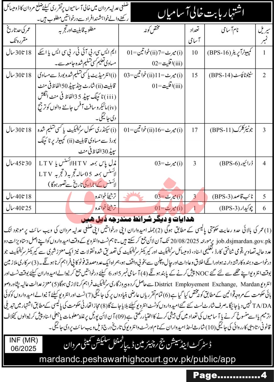 District Judiciary Mardan Jobs – Computer Operator, Stenotypist, Junior Clerk & Support Staff Vacancies District Sessions Courts 07/2025