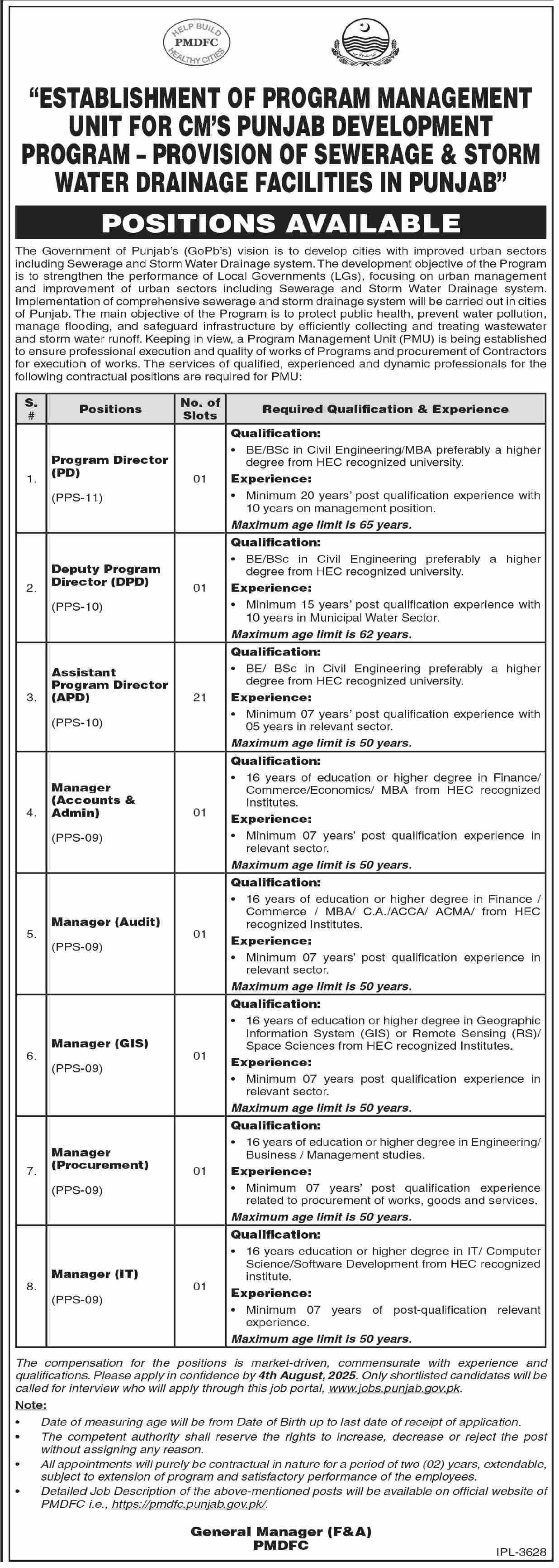 PMDFC Sewerage & Drainage PMU Jobs – Program Director & Multiple Managerial Vacancies in CM Punjab Development Program 07/2025