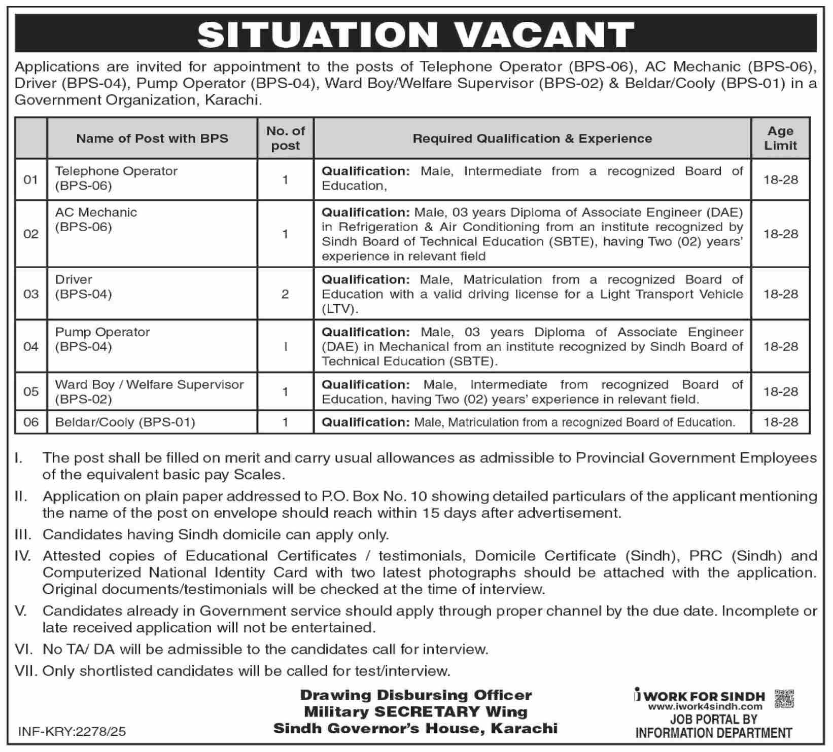Telephone Operator, AC Mechanic, Driver & Support Staff Vacancies at Governor House Sindh Jobs 07/2025
