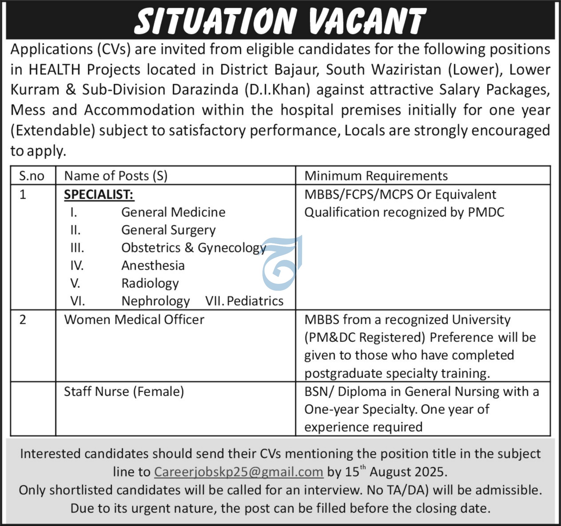 Health Project Khyber Pakhtunkhwa Jobs – Specialists, Women Medical Officer & Staff Nurse Vacancies 07/2025