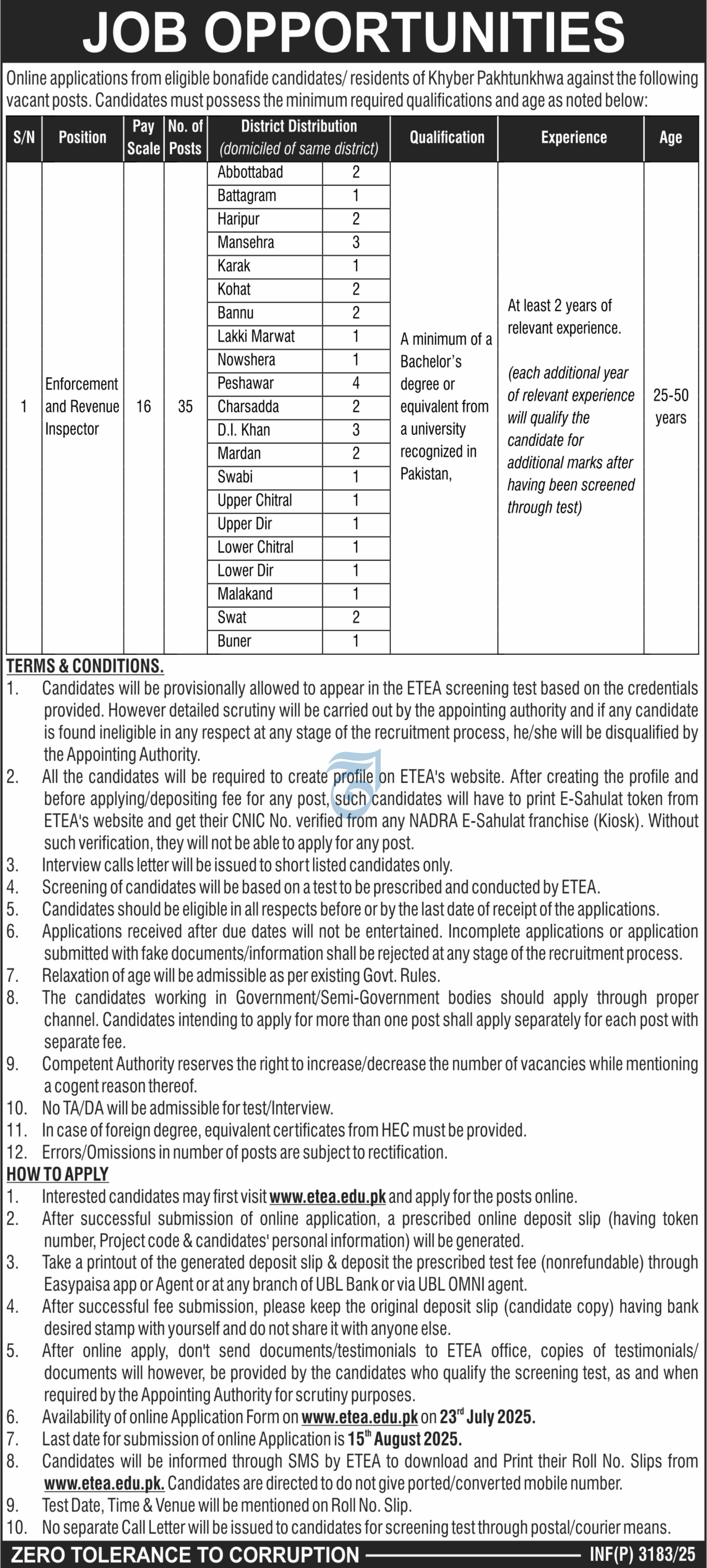 KP Enforcement & Revenue Inspector Recruitment via ETEA 07/2025