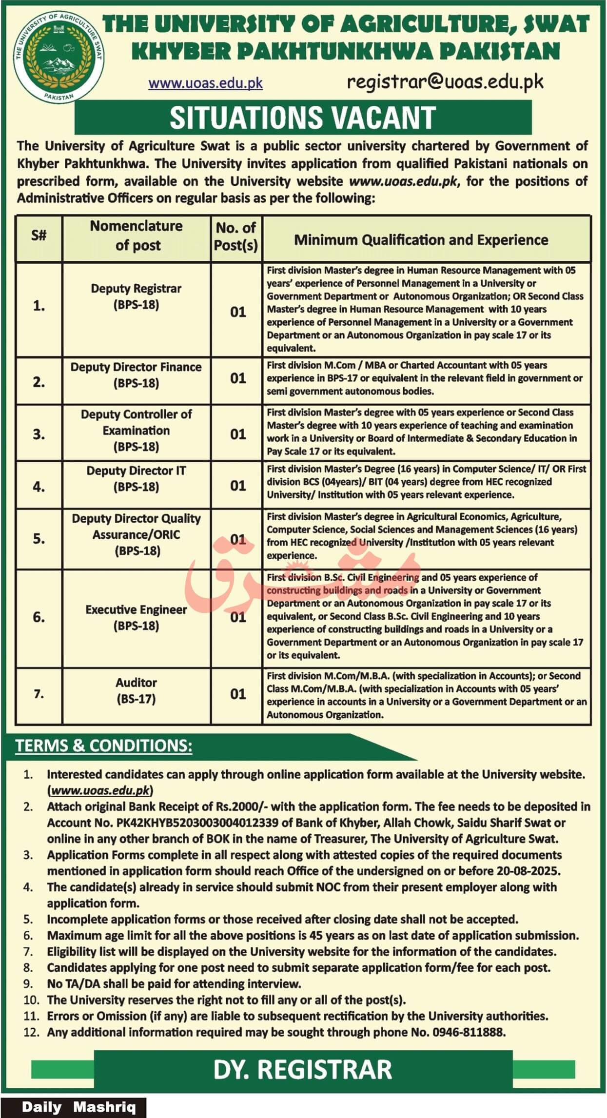 UOAS Administrative Officers Jobs – University of Agriculture Swat Vacancies 07/2025