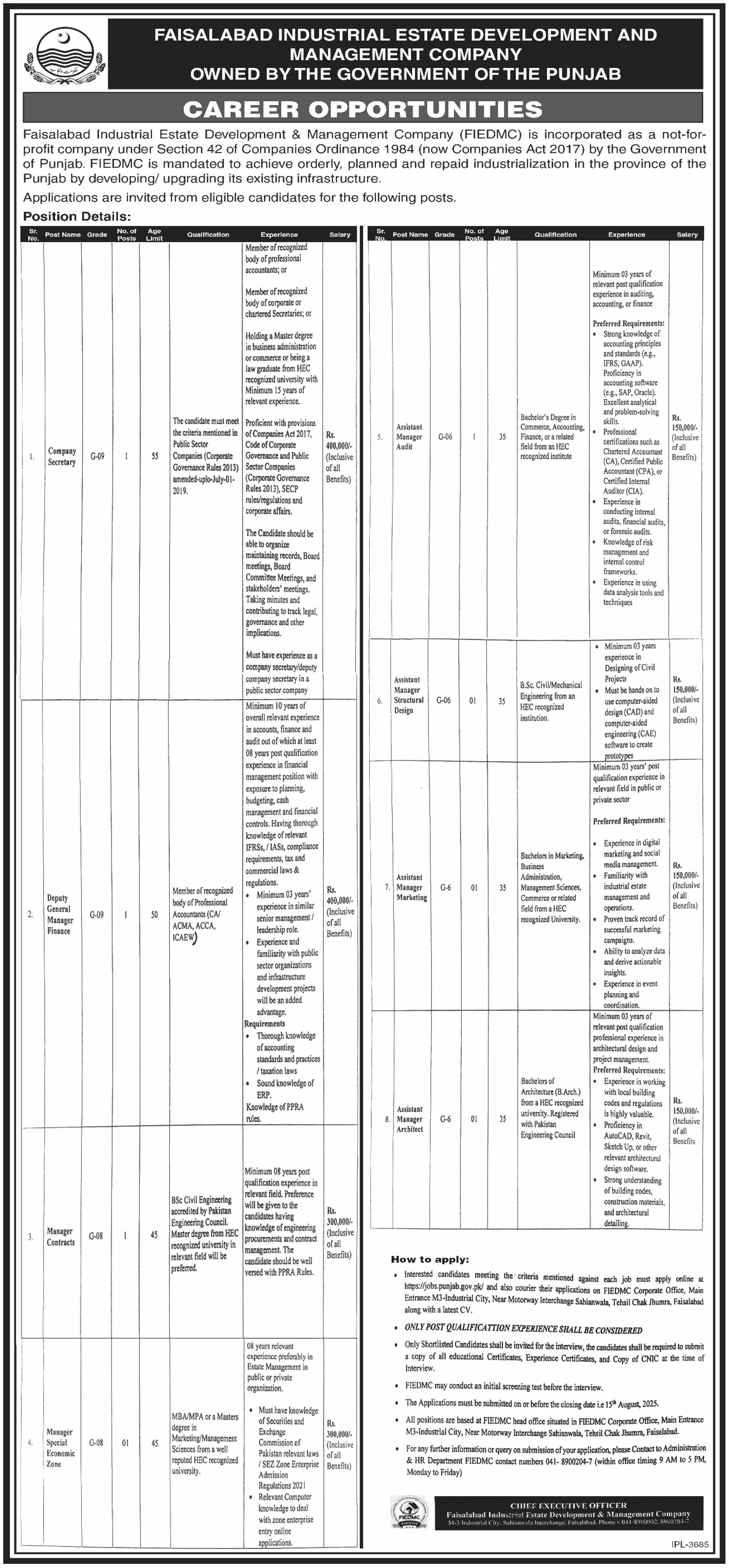 Company Secretary, Finance, Audit, Contracts & Engineering Staff Vacancies FIEDMC Faisalabad 07/2025