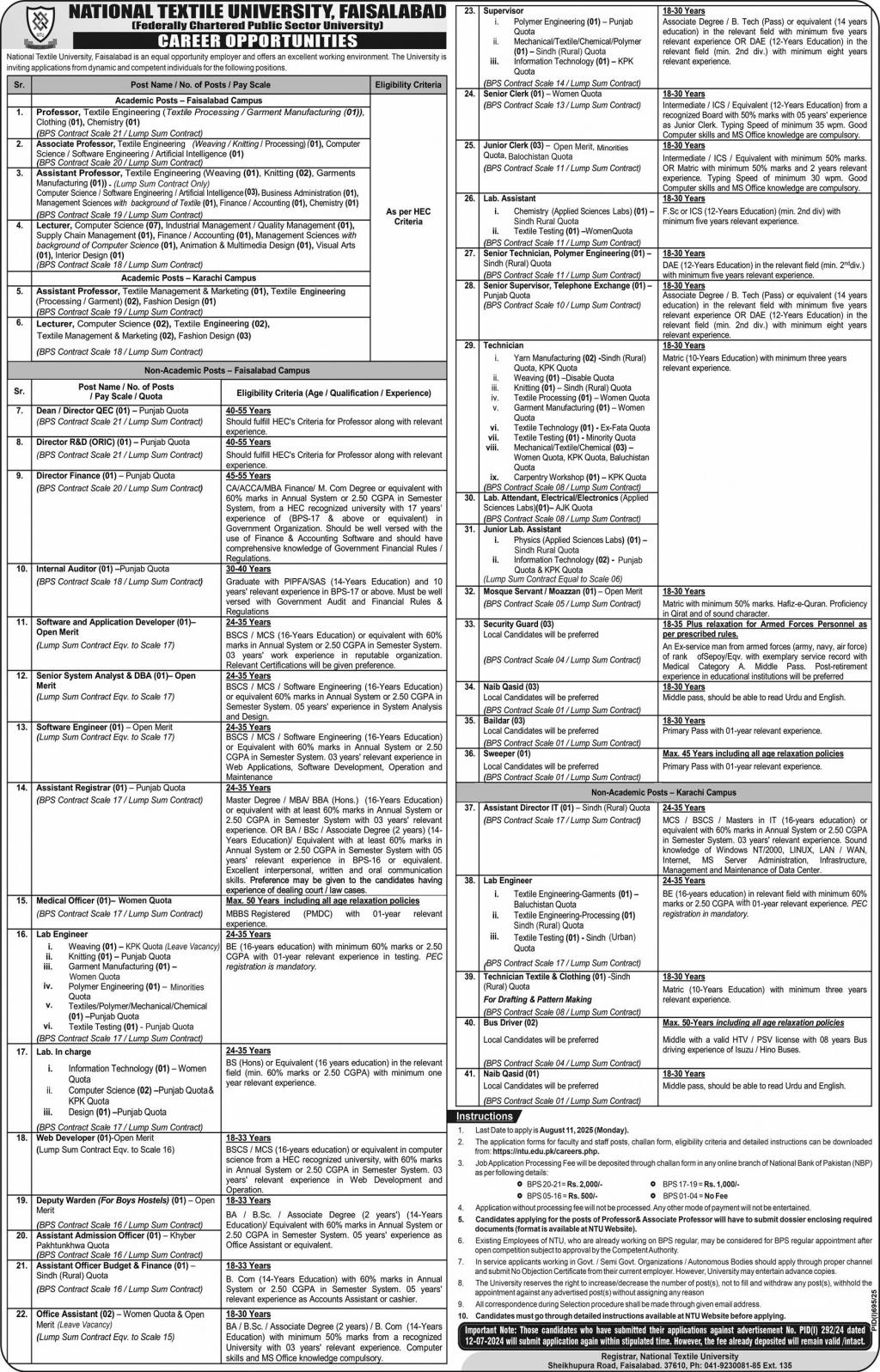 National Textile University NTU Jobs – Faculty & Staff Recruitment Faisalabad & Karachi Campus 07/2025