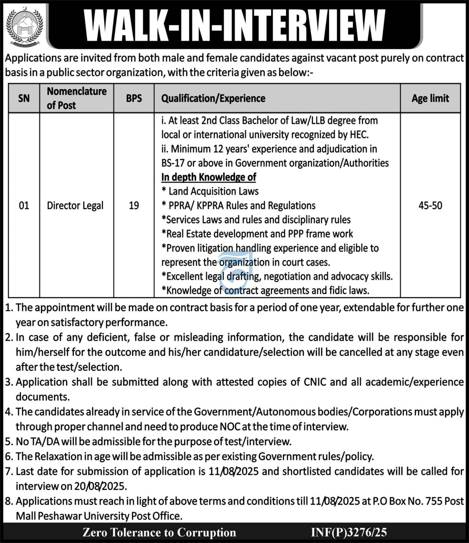 Public Sector Organization Peshawar, Director Legal Job via PO Box 755 07/2025