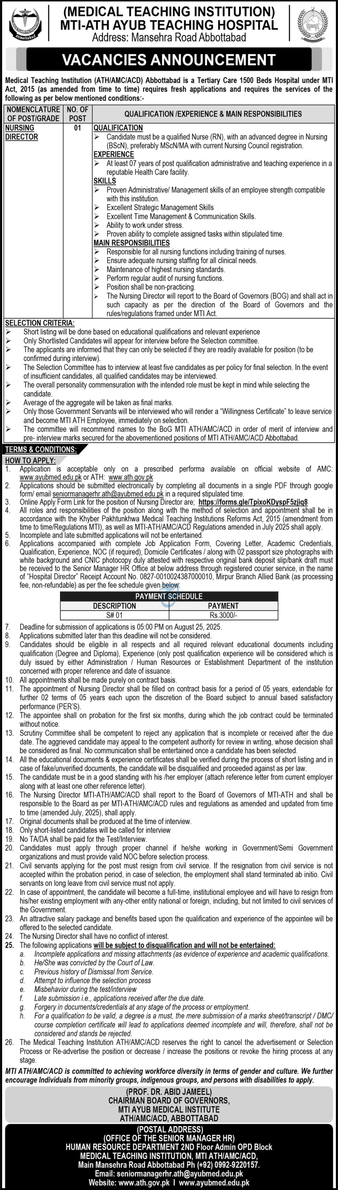 MTI Ayub Teaching Hospital Abbottabad Jobs – Nursing Director ATH Vacancy 08/2025