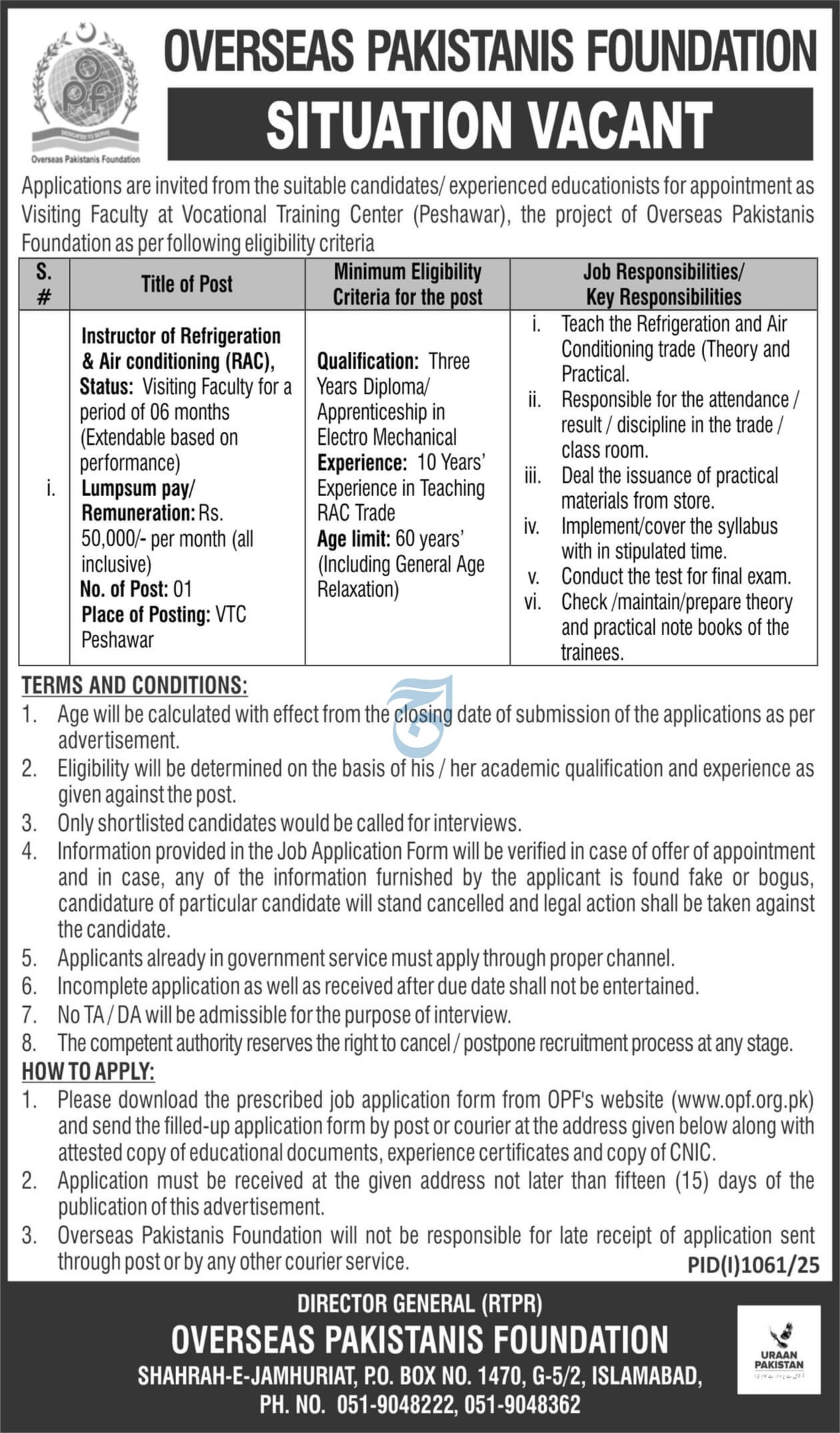 Overseas Pakistanis Foundation OPF Jobs – RAC Instructor Vacancies at Vocational Training Center Peshawar 08/2025