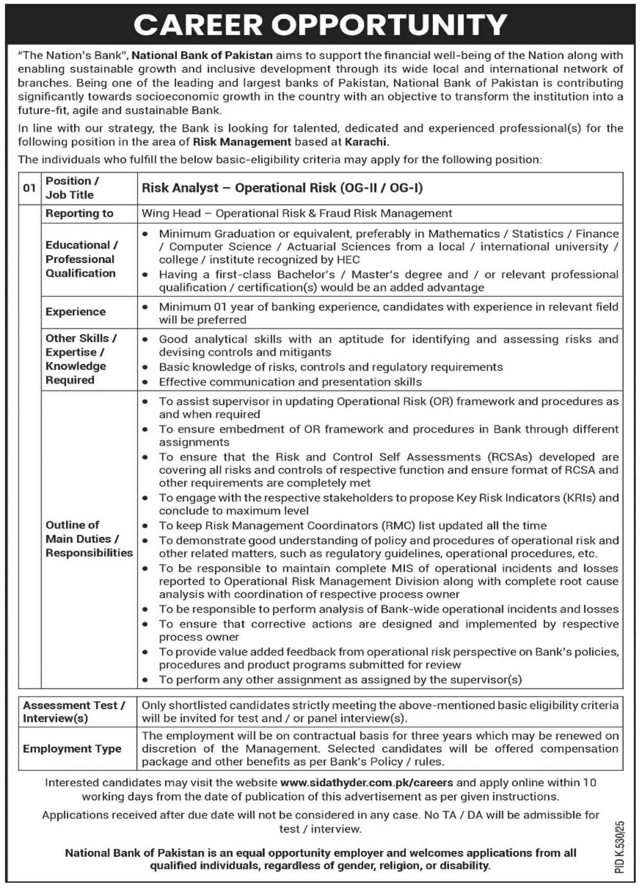 National Bank of Pakistan Jobs – Risk Analyst Operational Risk NBP Jobs 08/2025