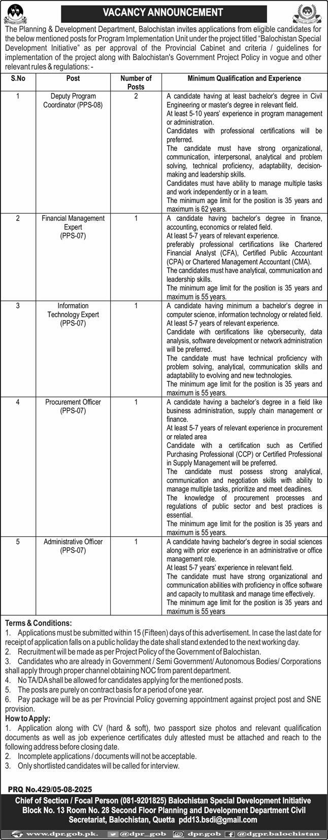 Planning & Development Department Balochistan Jobs – Program Implementation Unit Vacancies Balochistan Special Development Initiative 08/2025