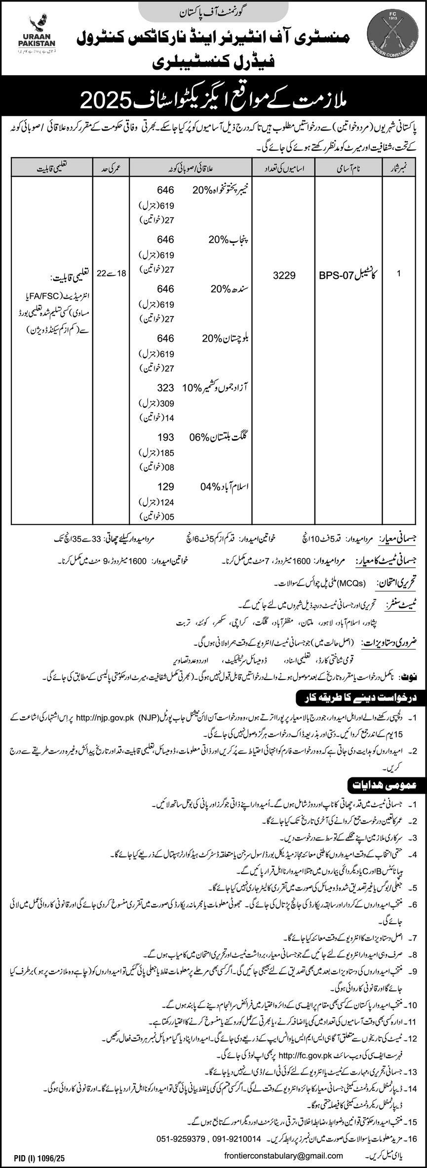 Ministry of Interior & Narcotics Control – Frontier Constabulary Constables Recruitment 08/2025