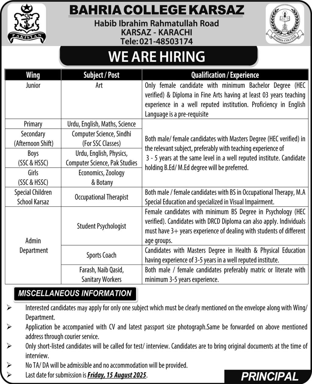 Bahria College Karsaz Karachi – Teaching, Special Education & Admin Staff Vacancies 08/2025