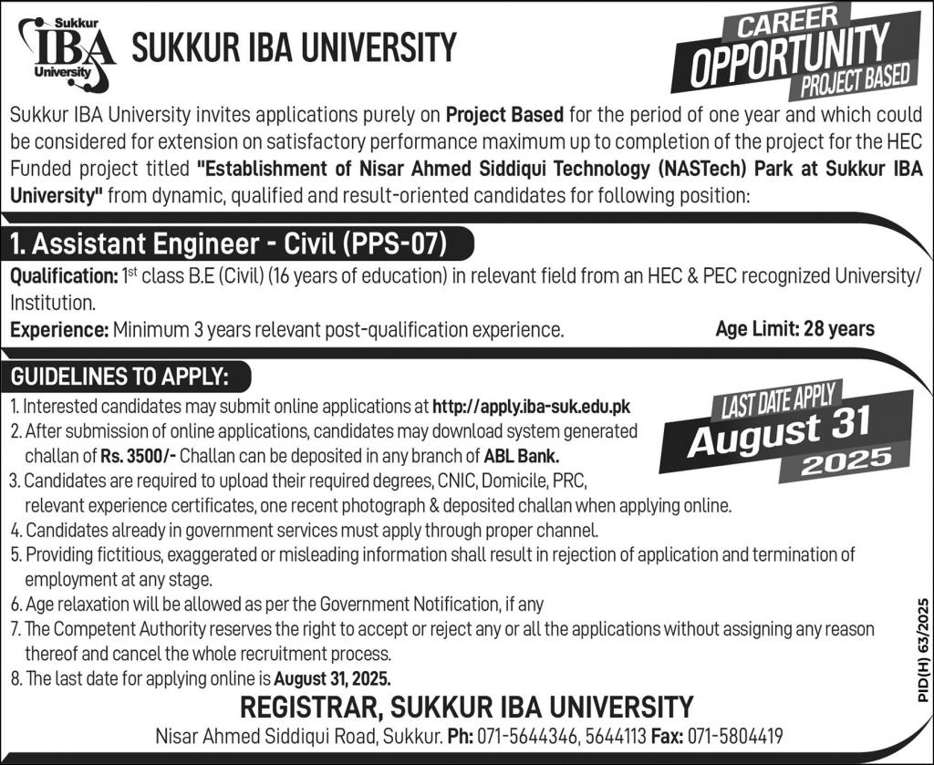 Sukkur IBA University Jobs – Asstt Engineer Civil for NASTech Park Project 08/2025