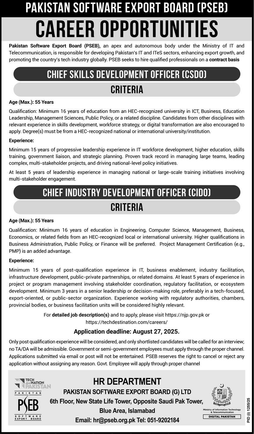 Pakistan Software Export Board Jobs – Chief Skills Development Officer & Chief Industry Development Officer 08/2025