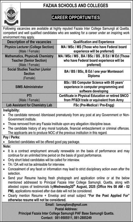 Fazaia Inter College Samungli Quetta – Teaching, Admin & Support Staff Vacancies 08/2025