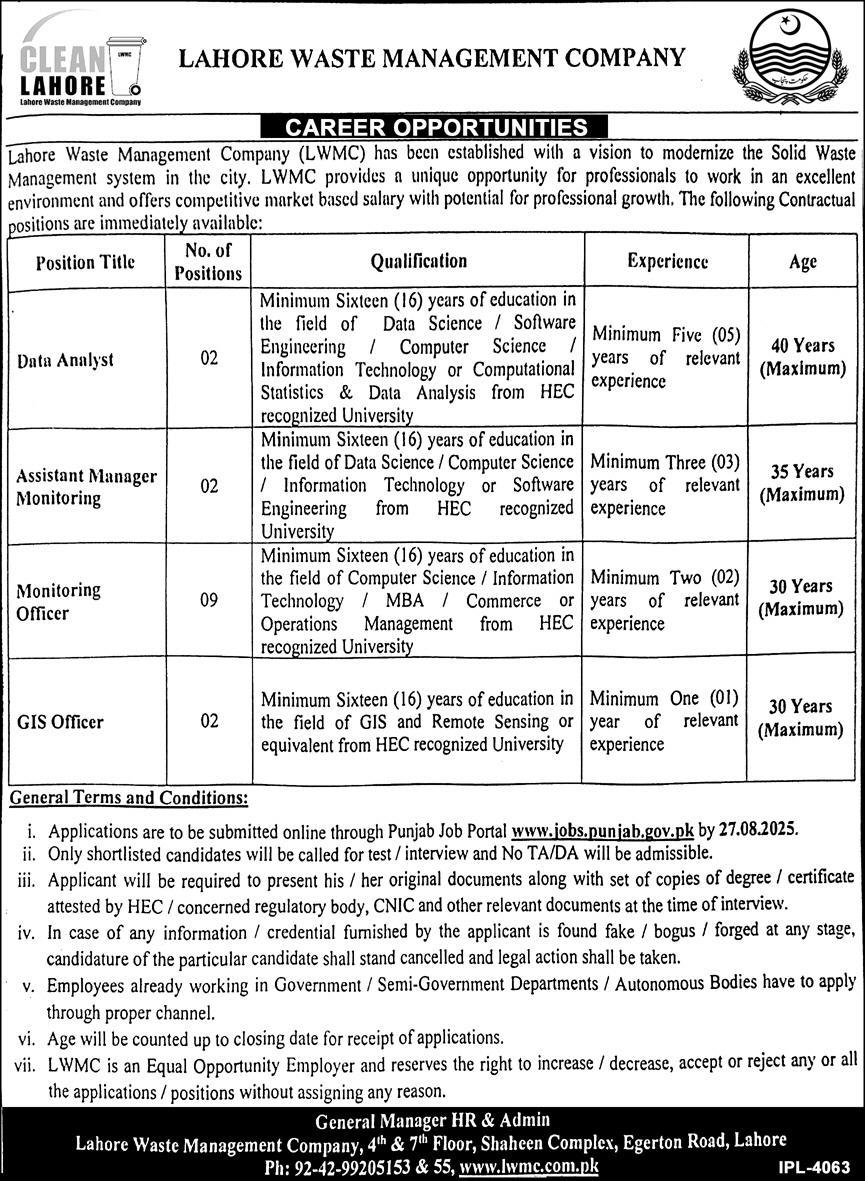 Lahore Waste Management Company – Data, Monitoring & GIS Vacancies 08/2025