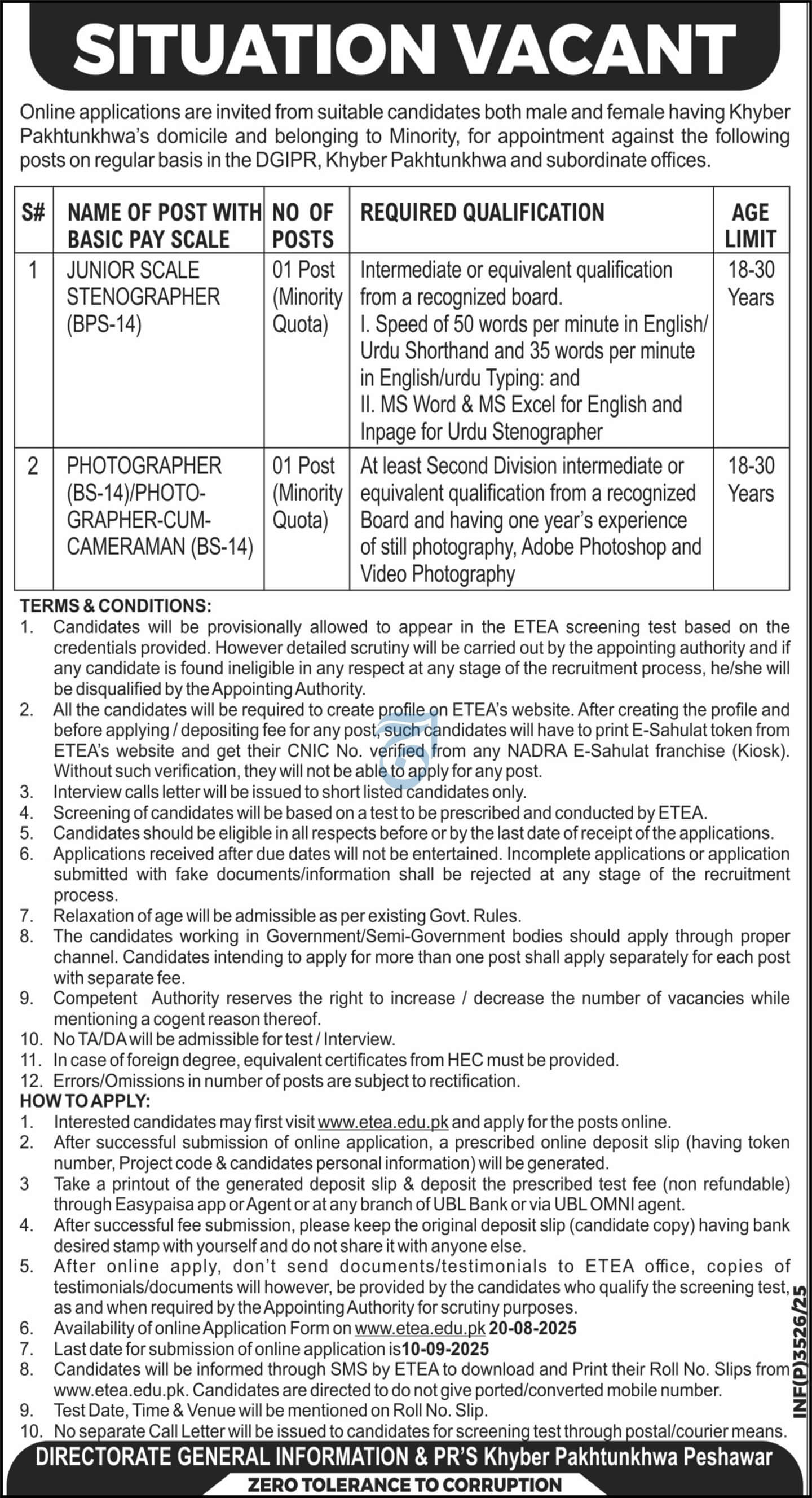 DGIPR Khyber Pakhtunkhwa Jobs – Stenographer & Photographer Vacancies Minority Quota 08/2025