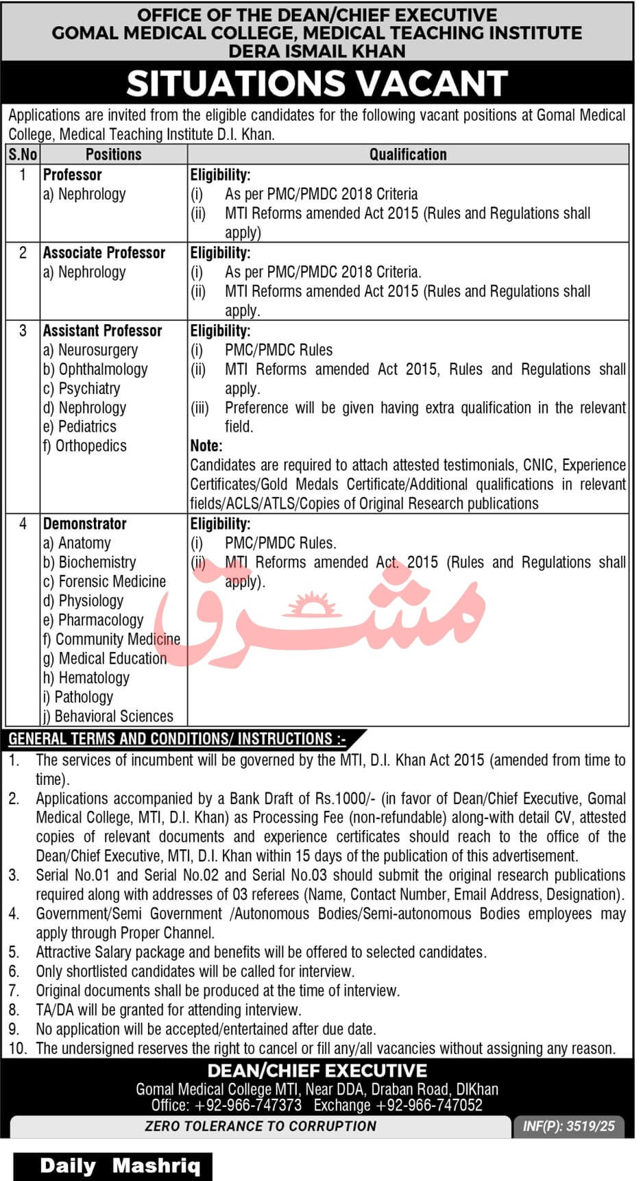 Gomal Medical College MTI D.I. Khan – Faculty & Demonstrator Vacancies 08/2025