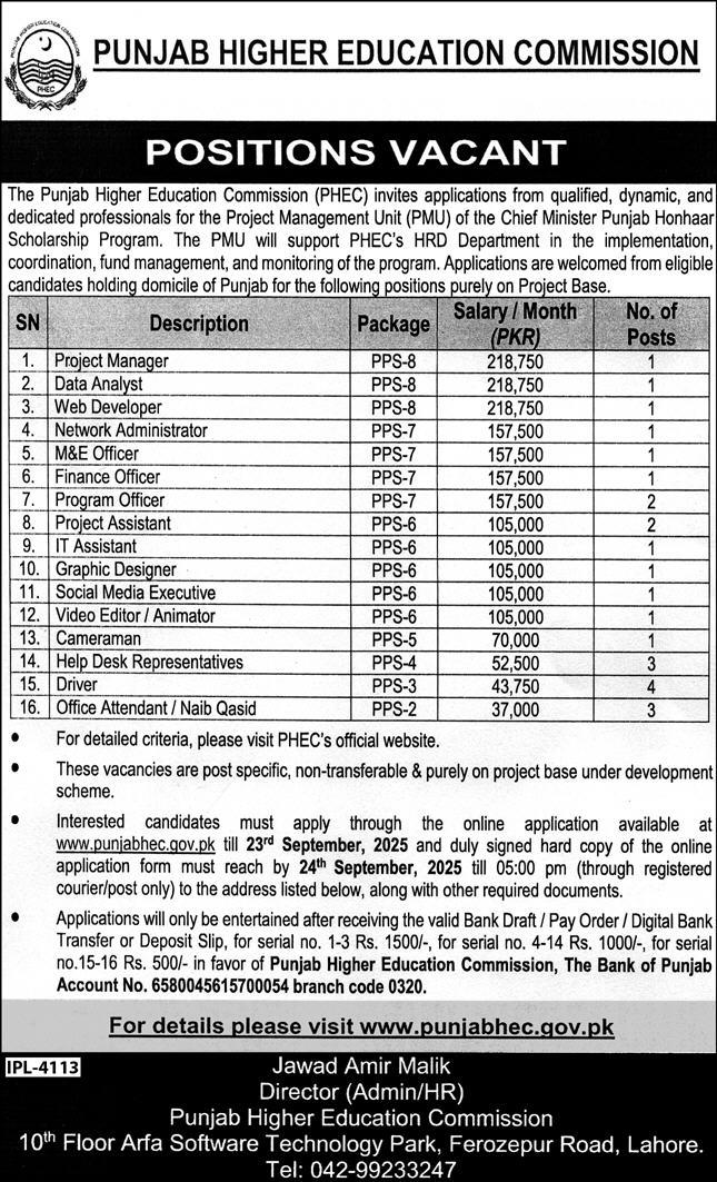 Punjab Higher Education Commission (PHEC) – Project Management Unit Vacancies 08/2025