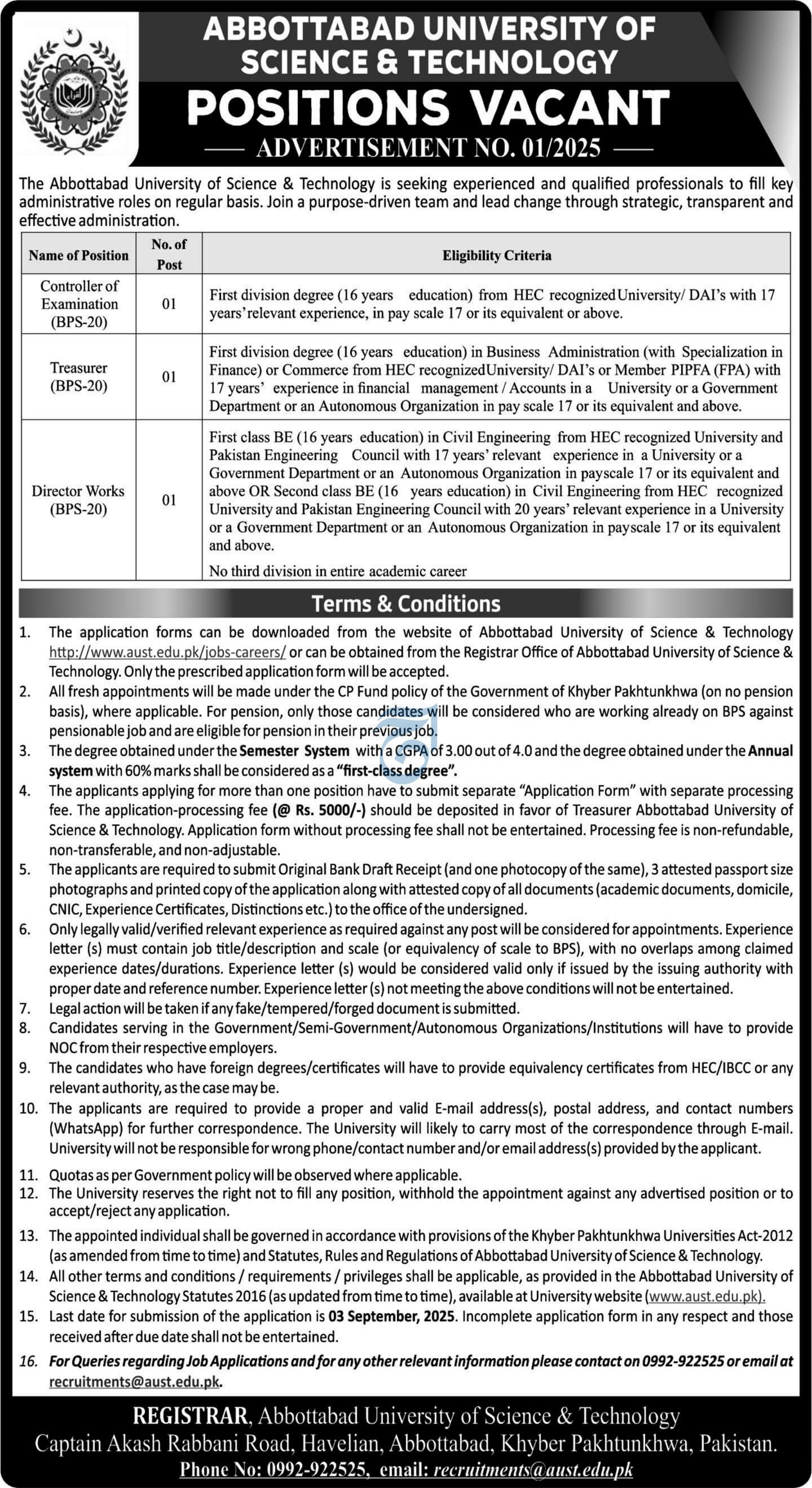 Abbottabad University of Science & Technology – AUST Abbottabad Administrative Positions Vacant Advertisement No. 01/2025