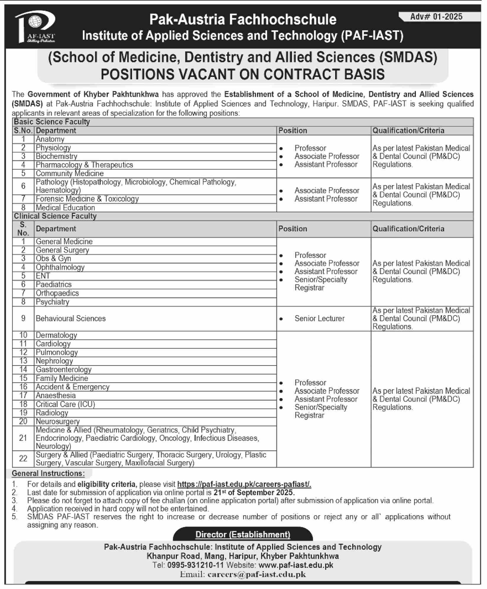Pak-Austria Fachhochschule (PAF-IAST) – Faculty Vacancies in Medicine, Dentistry & Allied Sciences (SMDAS) 09/2025