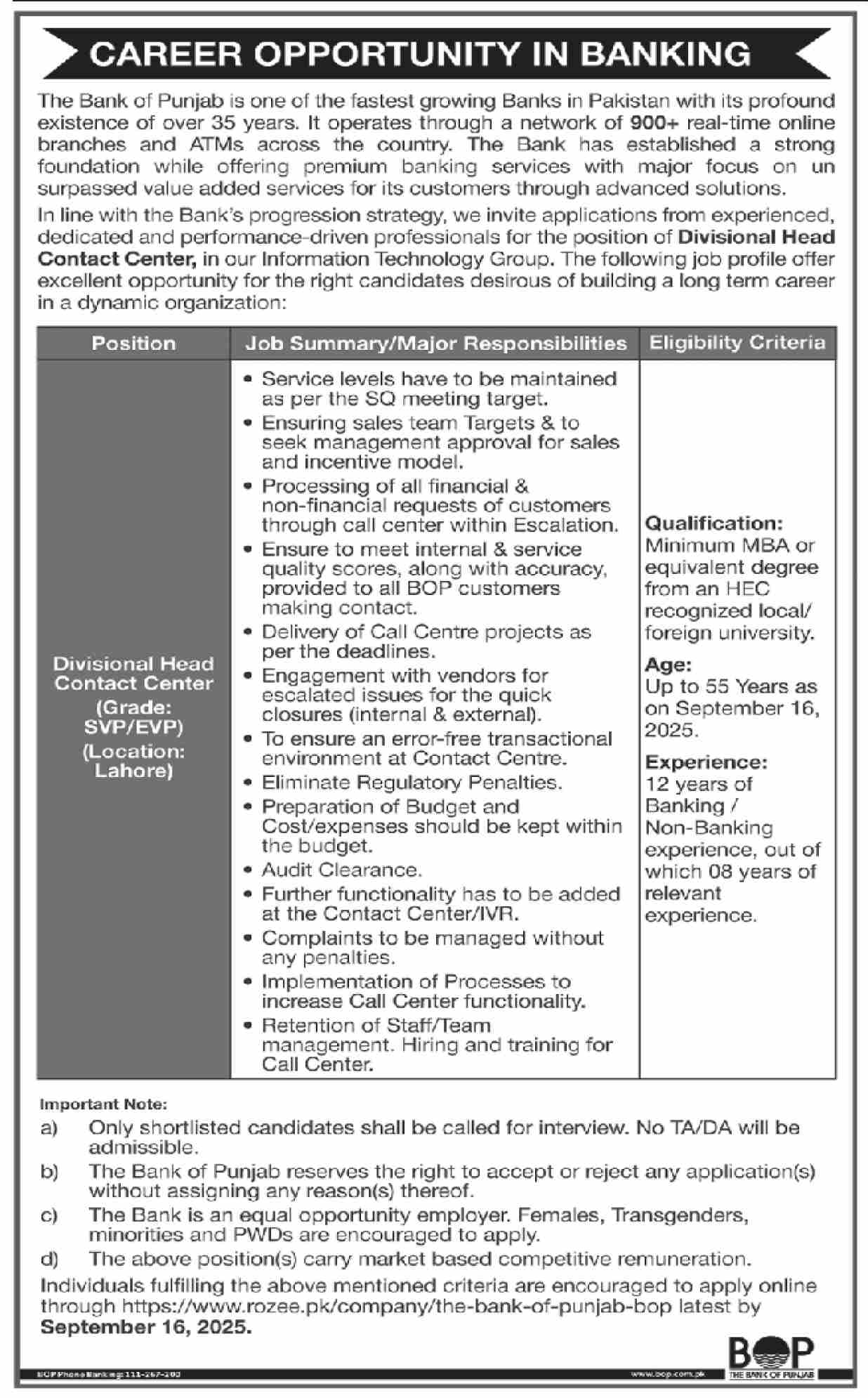 Bank of Punjab (BoP) Divisional Head Contact Center Position 09/2025