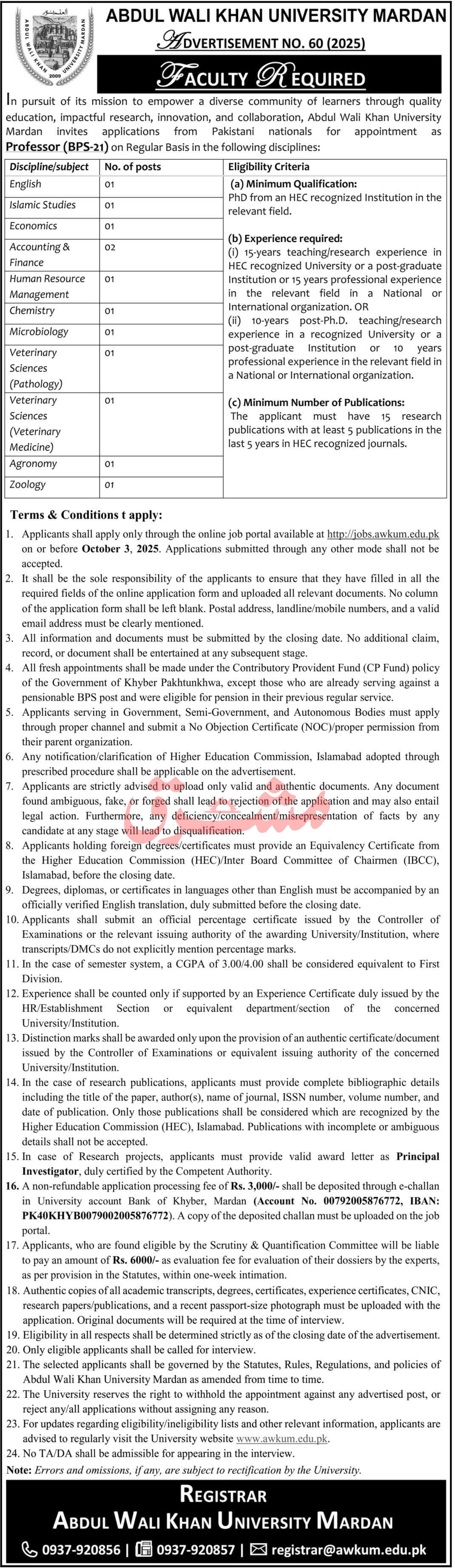 Abdul Wali Khan University Mardan – Faculty Recruitment Professors Advertisement No. 60/2025