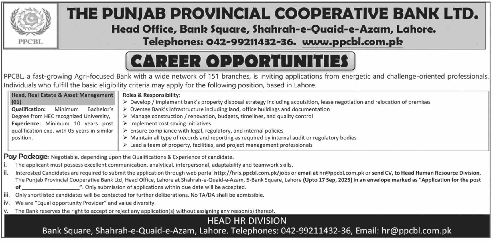 Punjab Provincial Cooperative Bank Ltd. (PPCBL) – Head, Real Estate & Asset Management Position 09/2025