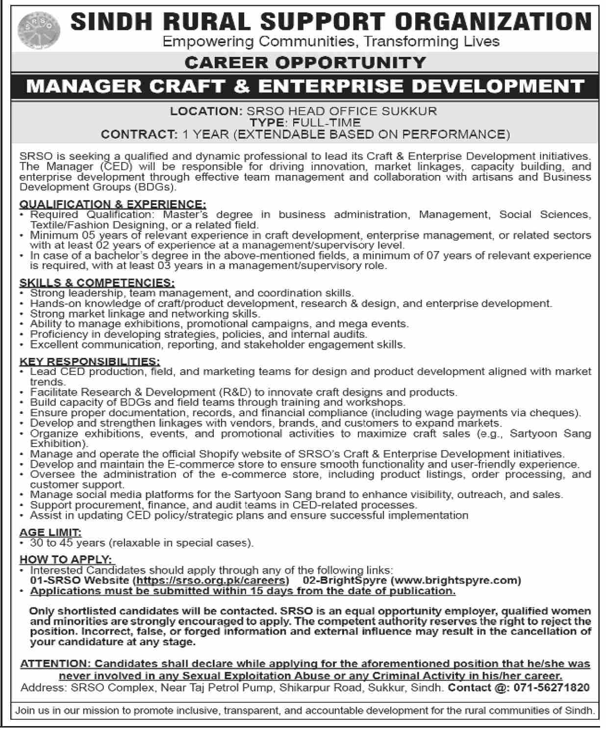 Sindh Rural Support Organization (SRSO) – Manager Craft & Enterprise Development Vacancy 09/2025