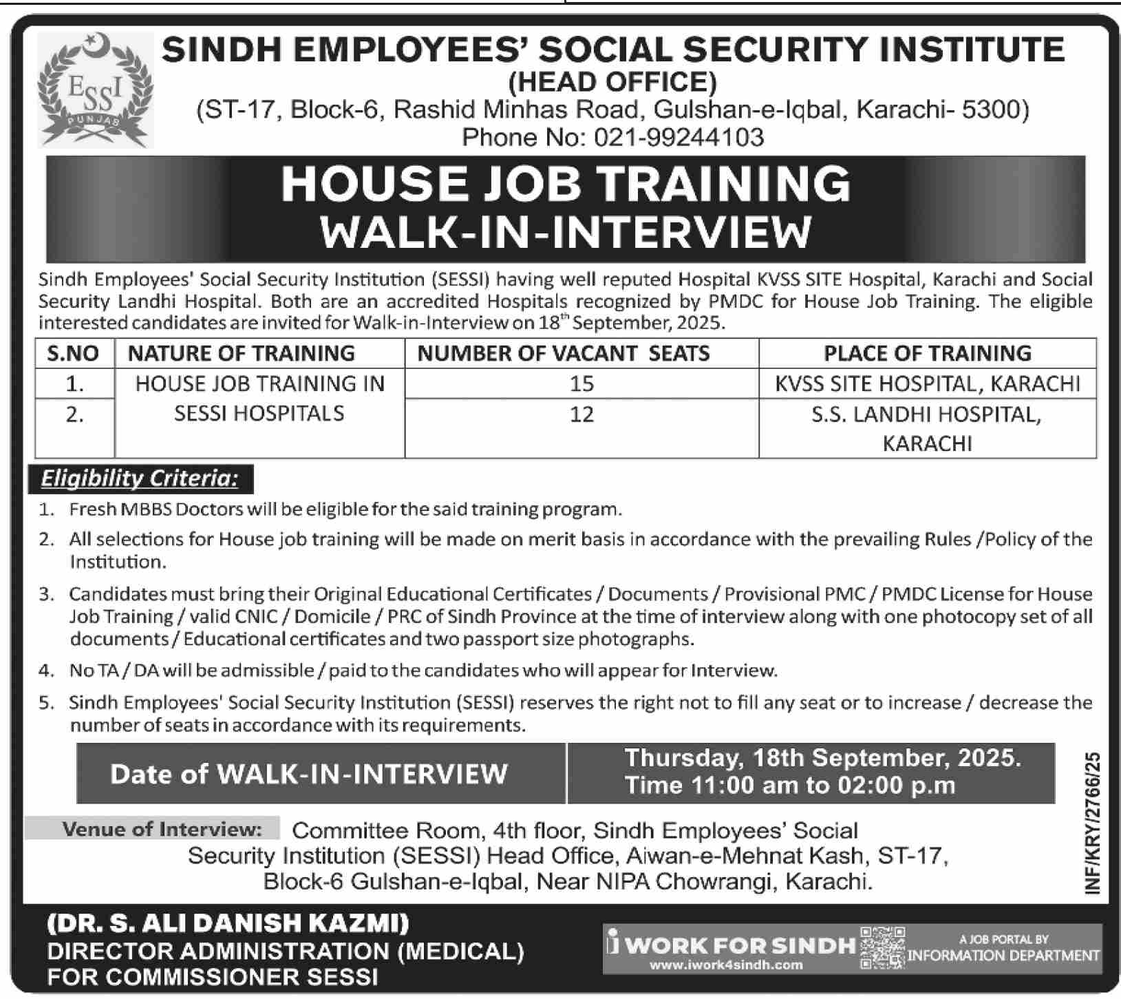 Sindh Employees Social Security Institution (SESSI) – House Job Training Walk-In Interviews 09/2025