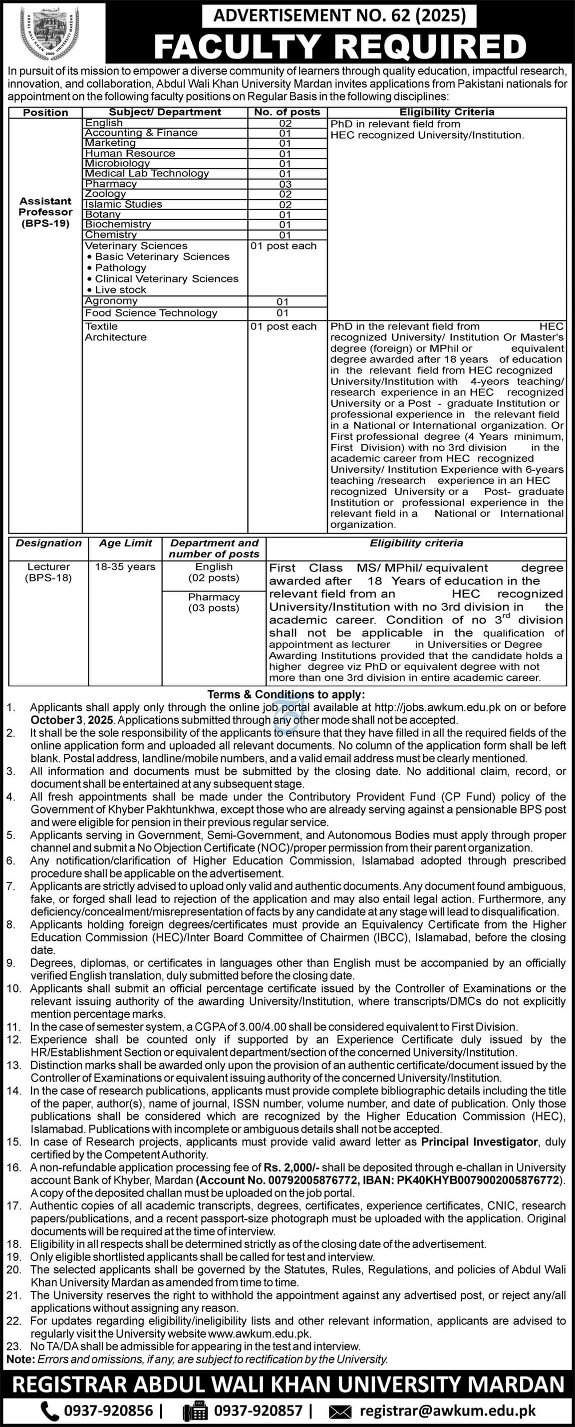 Abdul Wali Khan University Mardan – Faculty Recruitment (Assistant Professors & Lecturers) Advertisement No. 62/2025