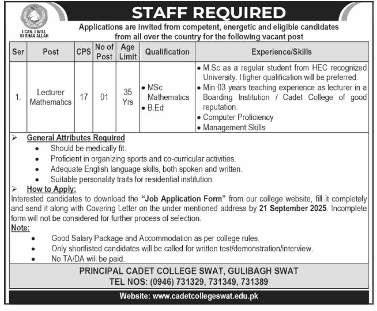 Cadet College Swat Lecturer Maths Recruitment 09/2025
