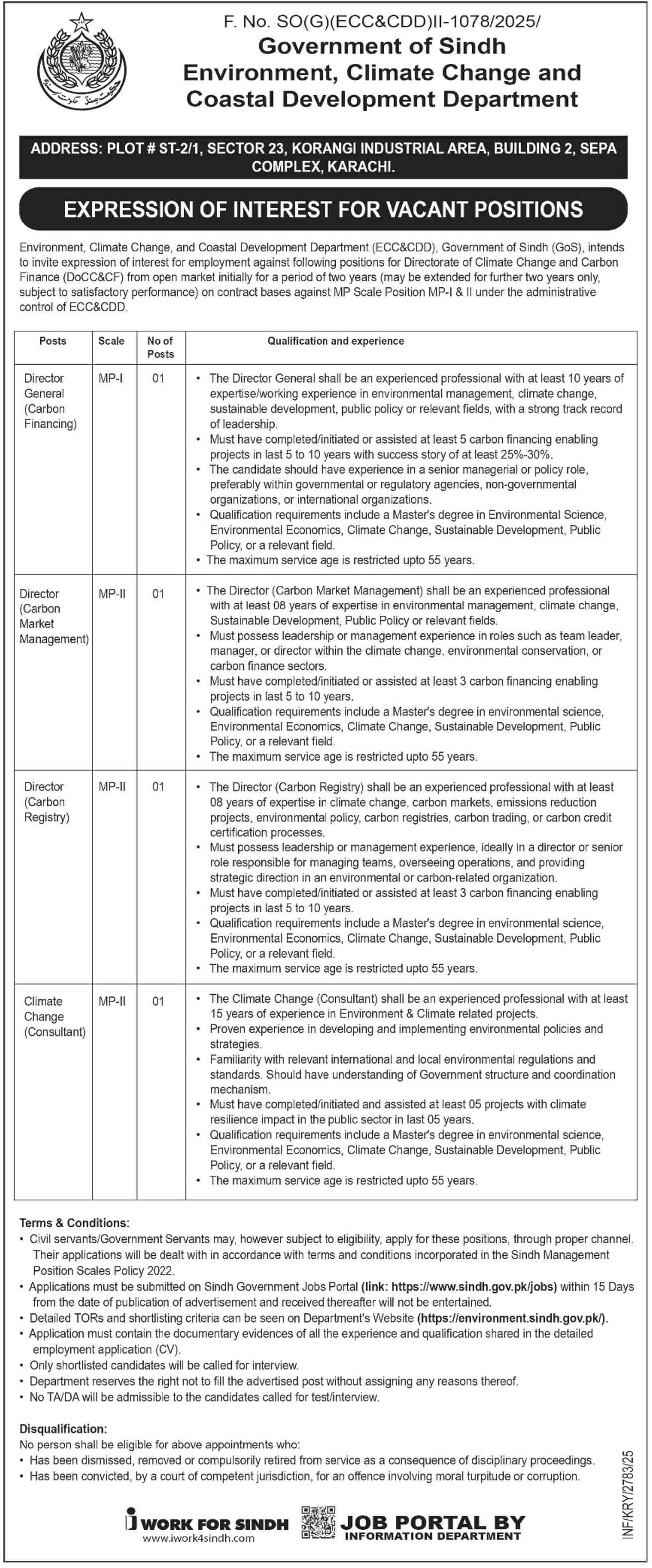 Directorate of Carbon Finance & Climate, Sindh - Senior Management Positions Vacant 09/2025