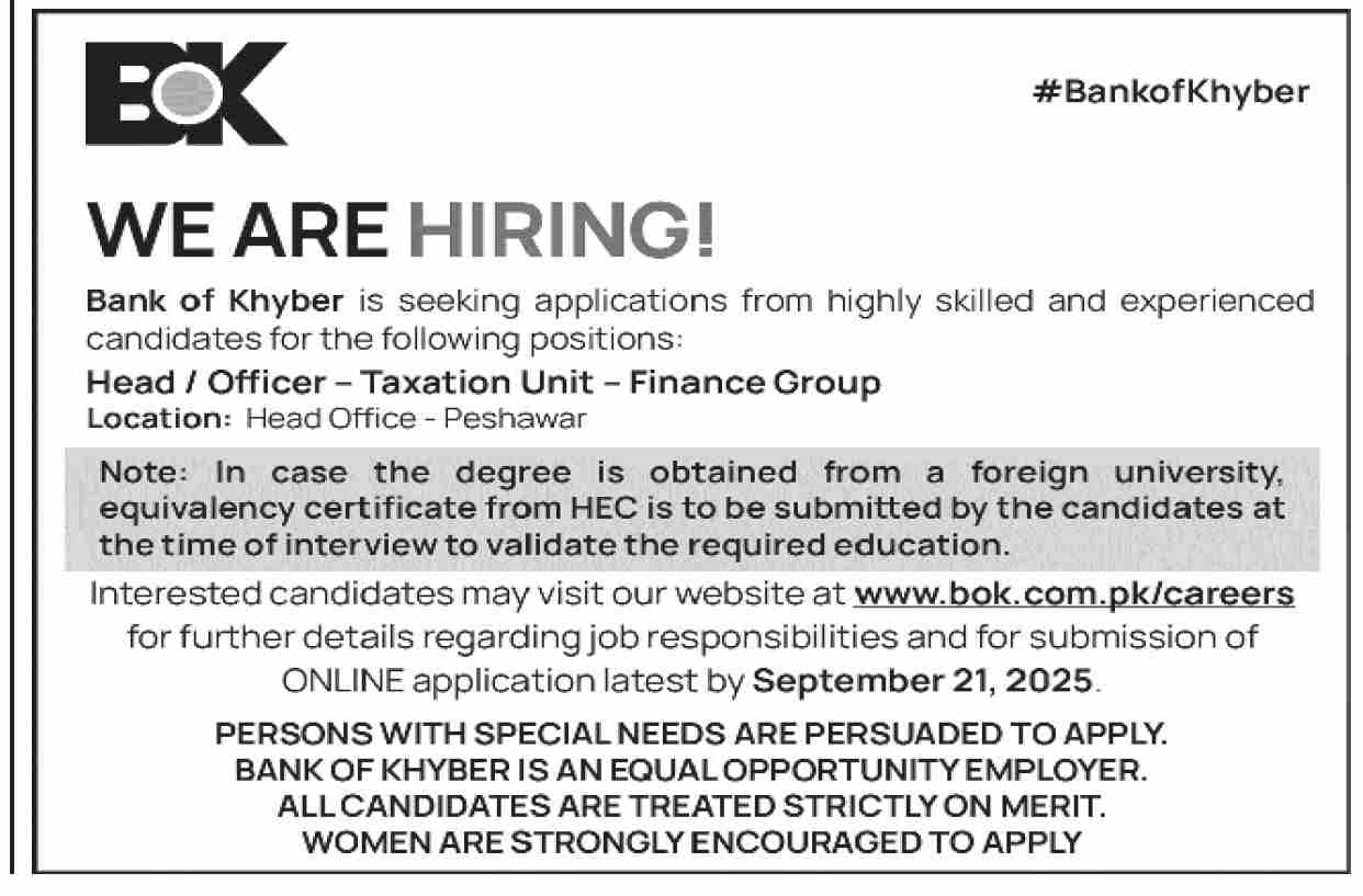 Bank of Khyber – Head Taxation Unit BOK Position 09/2025