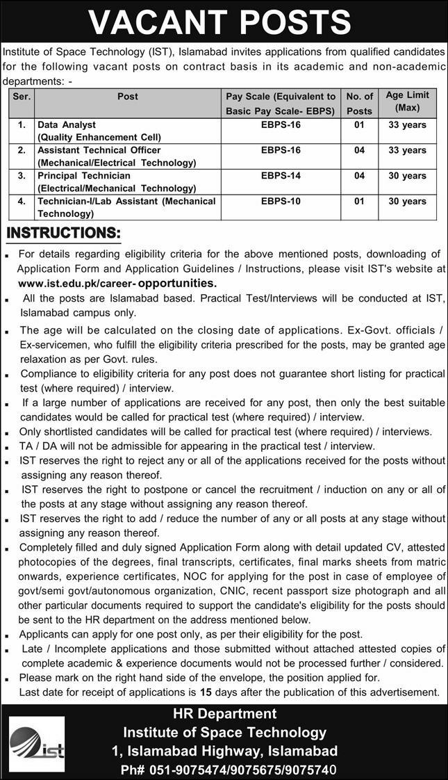 Institute of Space Technology (IST) Islamabad – Academic & Technical Vacancies 09/2025