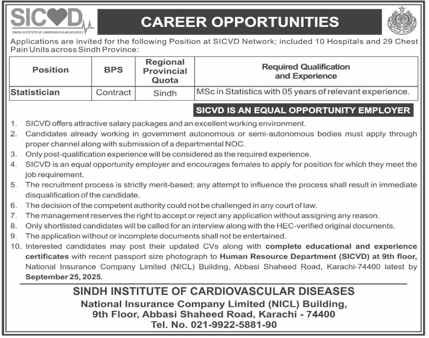 Sindh Institute of Cardiovascular Diseases – SICVD Statistician Position 09/2025