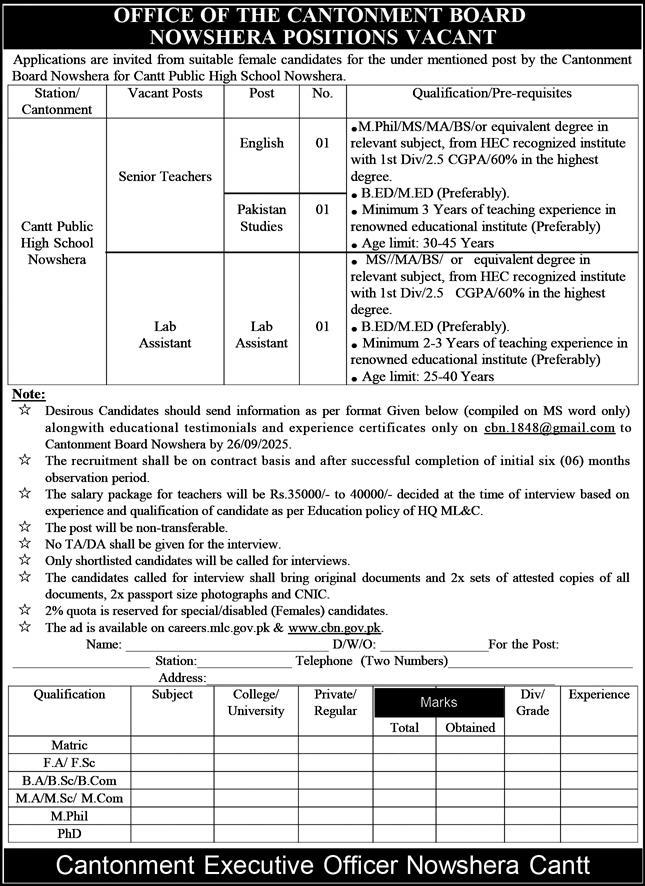 Cantonment Board Nowshera – Cantt Public High School Teaching & Lab Assistant Positions 09/2025