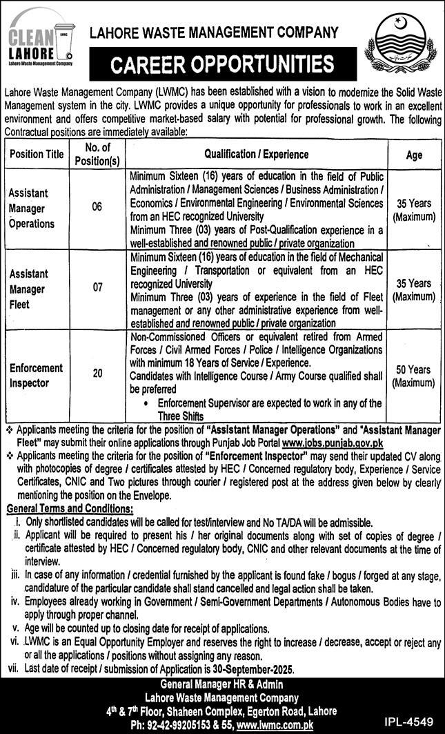 Lahore Waste Management Company – LWMC Assistant Managers & Enforcement Inspectors Vacancies 09/2025