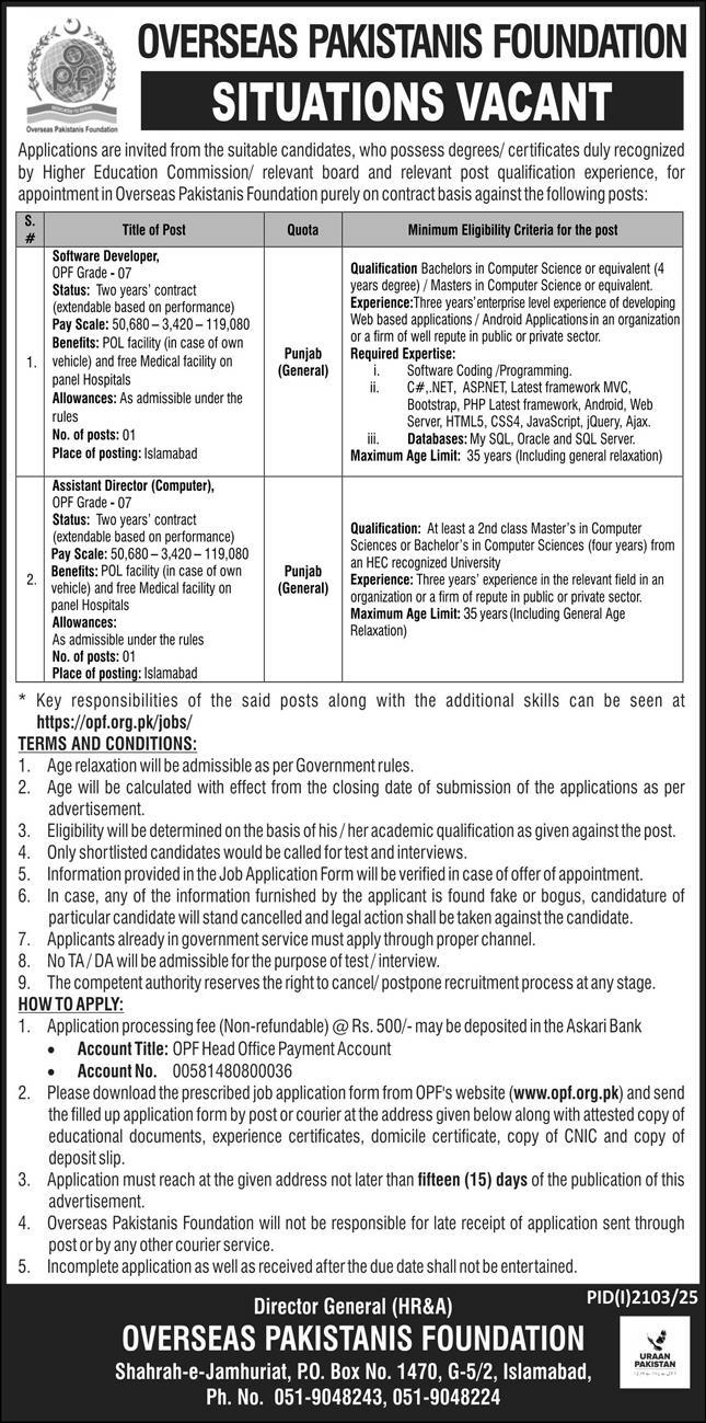 Overseas Pakistanis Foundation (OPF) – Software Developer & Assistant Director Vacancies 09/2025