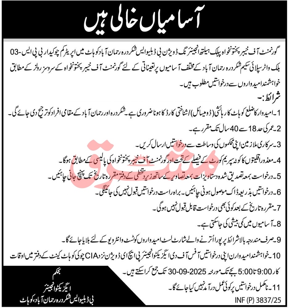 Public Health Engineering Division Kohat – BWS Shakardara Operator-cum-Chowkidar Vacancy 09/2025
