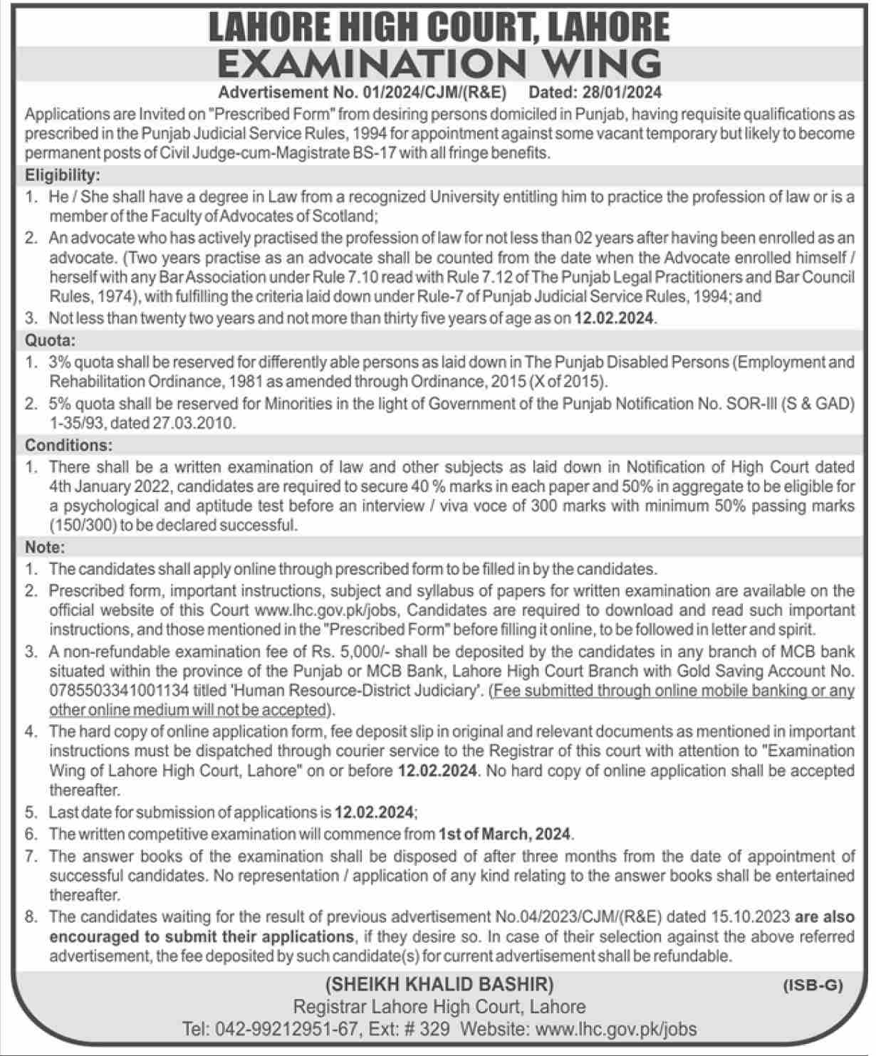LAHORE HIGH COURT | LHC CIVIL JUDGES-CUM-MAGISTRATES ADVERTISEMENT 01/2024