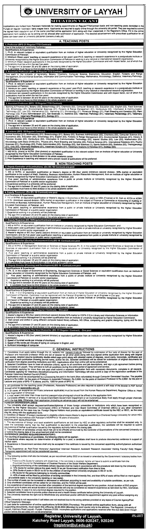 UNIVERSITY OF LAYYAH | TEACHING & NON-TEACHING POSTS 2024