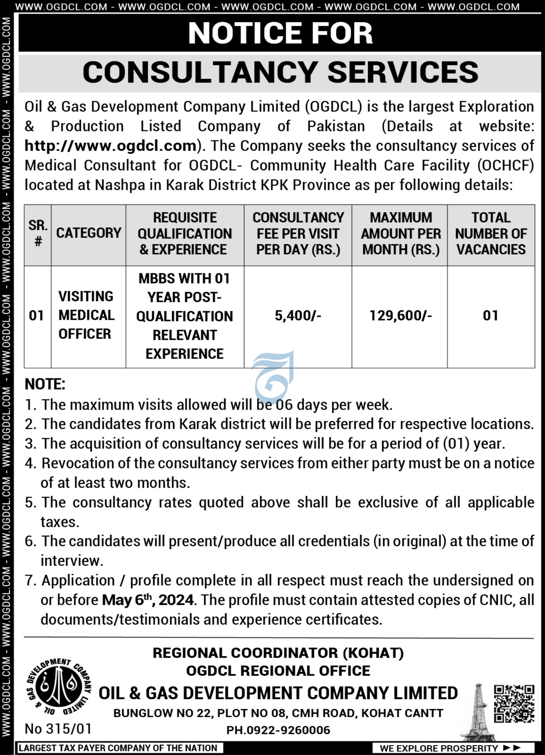 OIL & GAS DEVELOPMENT COMPANY LIMITED | MEDICAL CONSULTANT FOR OGDCL CHCF KARAK 2024