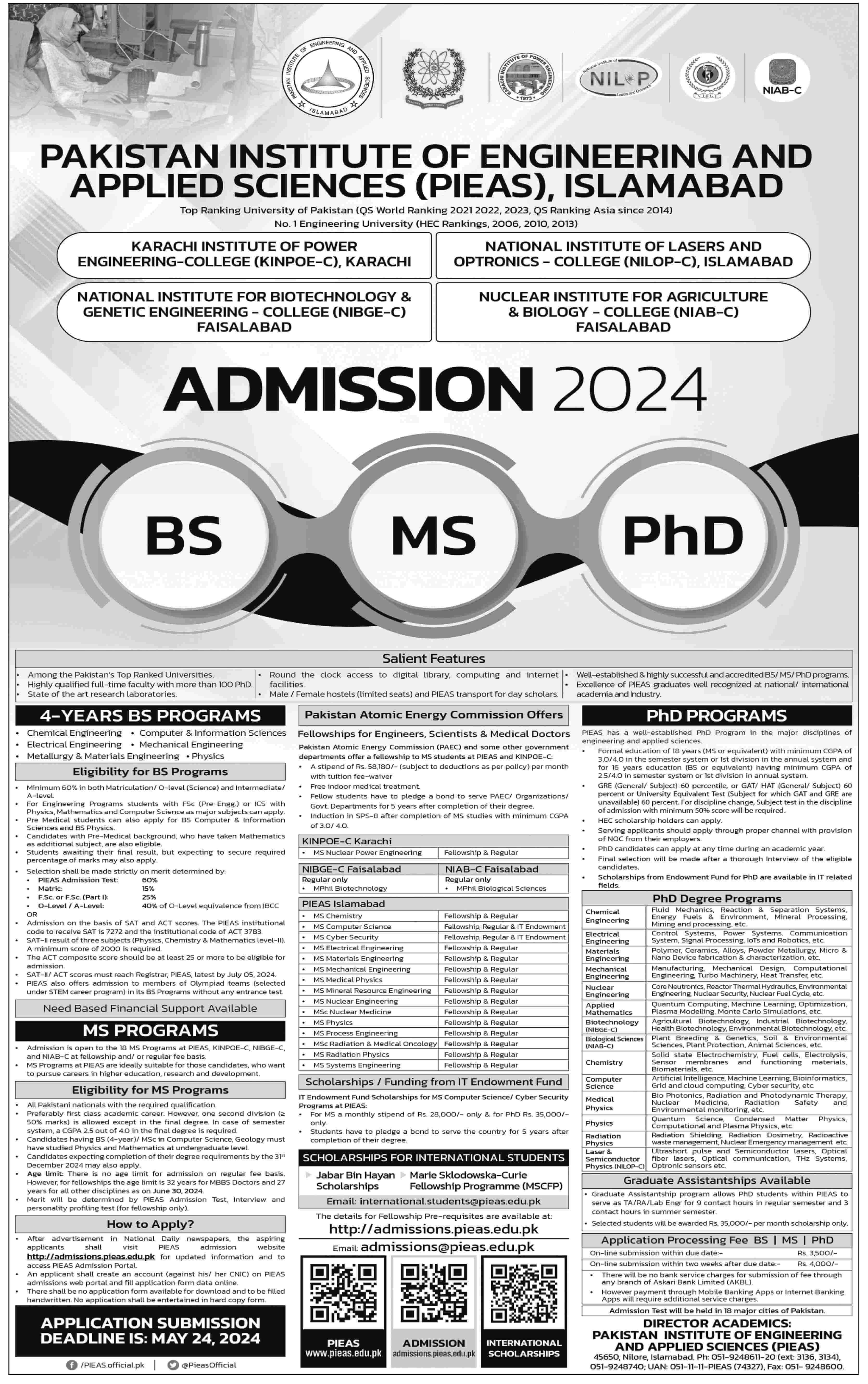 PAKISTAN INSTITUTE OF ENGINEERING & APPLIED SCIENCES (PIEAS), ISLAMABAD - ADMISSION 2024